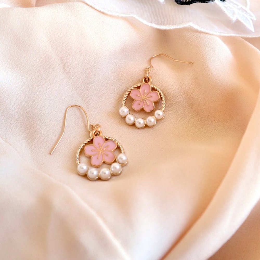 Sakura Cherry Blossom Earrings Gold Dangle